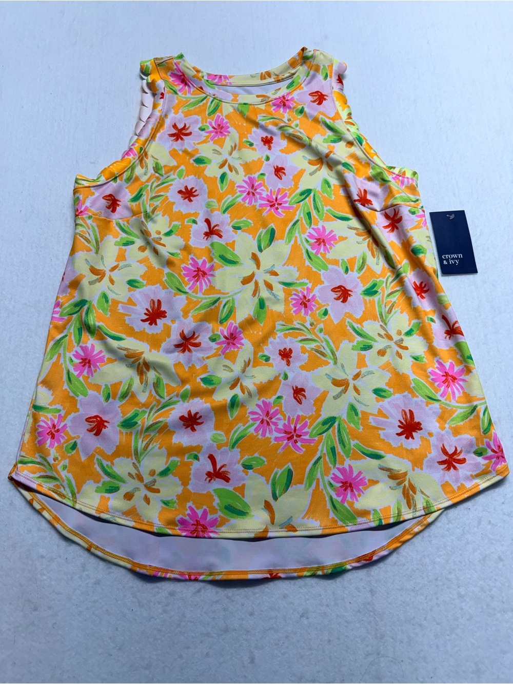 crown & ivy Yellow Floral Sleeveless Top with Pink & Green Accents L NWT